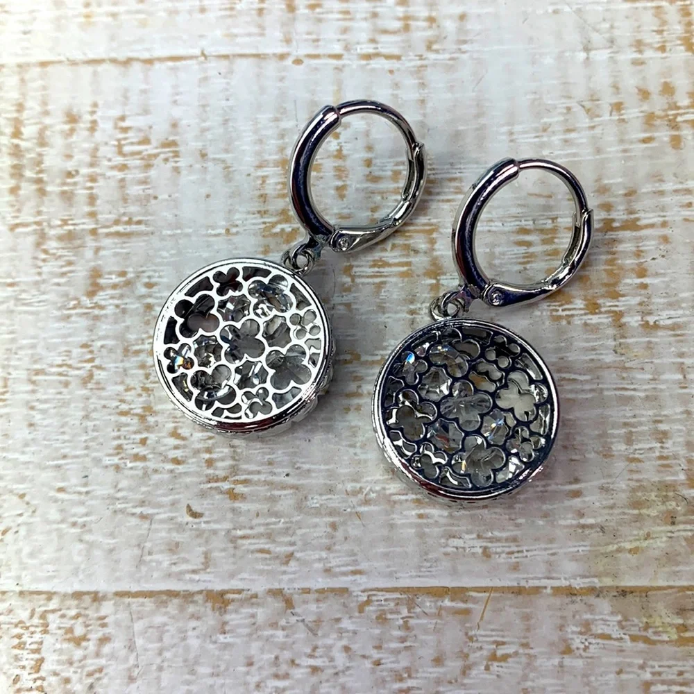 Sliver Tone Clover and Glass Crystals Earrings